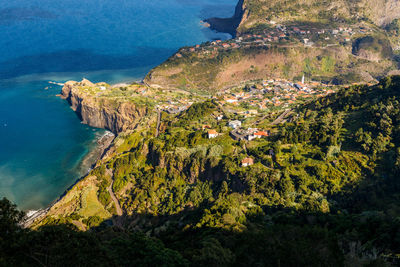 High angle view of sea and buildings