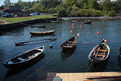 High angle view of boats moored in lake