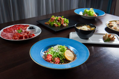 High angle view of meal served on table