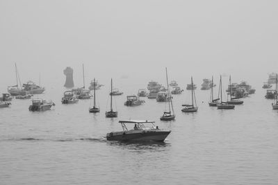 Boats moored at harbor against clear sky