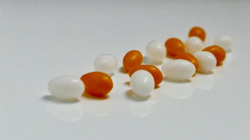 Close-up of eggs on white background
