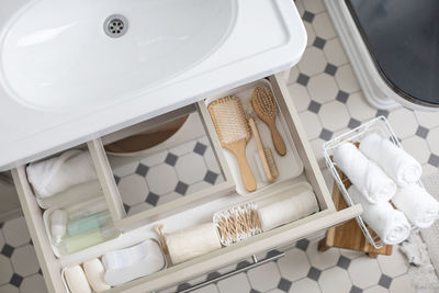 High angle view of toiletries in bathroom