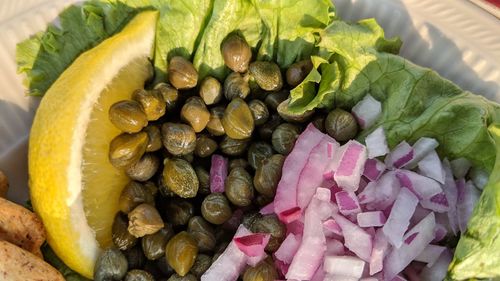 High angle view of chopped vegetables in plate