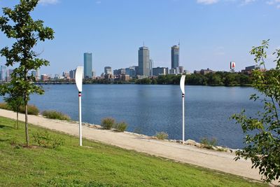 Scenic view of lake by city against sky