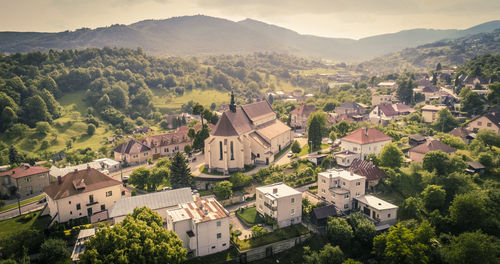 High angle view of buildings and trees in town