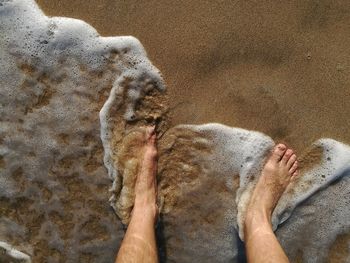 Low section of man standing on sandy beach