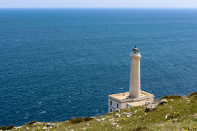 High angle view of lighthouse by sea against blue sky
