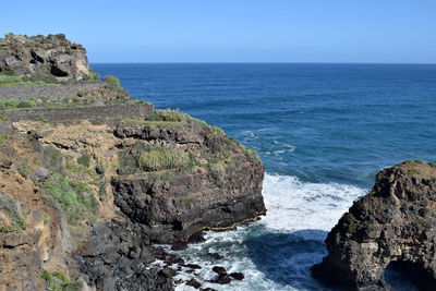 Scenic view of sea against clear blue sky