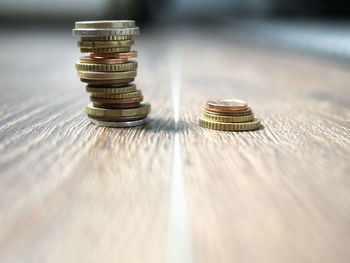 Close-up of coins on table