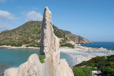 Scenic view of rocky beach against blue sky