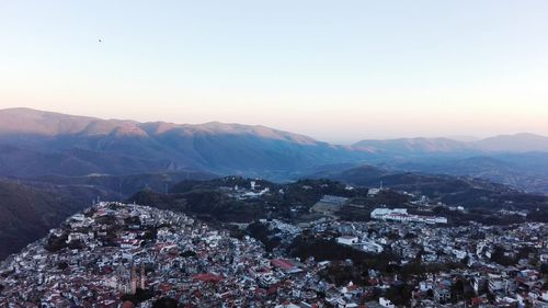 High angle view of townscape against clear sky