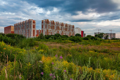 Scenic view of field and residential buildings against sky