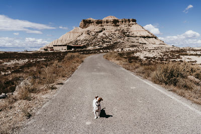 Spain, navarre, small dog standing in middle of empty road in bardenas reales