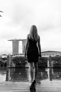 Rear view of woman standing against river