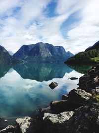 Scenic view of lake and mountains against sky