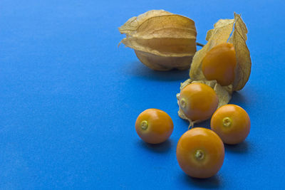 High angle view of fruits on table against blue background