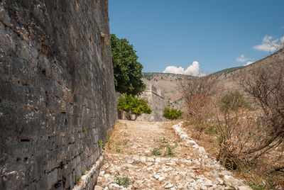 Footpath by wall against sky