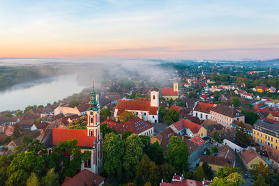 Aerial view about the belgrade serbian orthodox cathedral and st. john's parish church in szentendre