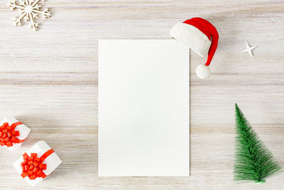 High angle view of christmas decorations on table