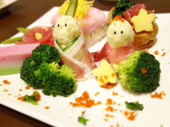 Close-up of sushi served in plate