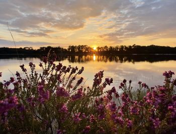 Scenic view of lake against sky during sunset