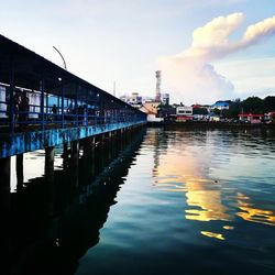 Reflection of factory on water against sky