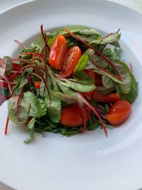 High angle view of fruits in plate on table