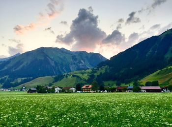 View of fields against mountain range