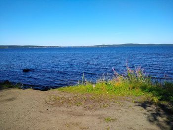 Scenic view of sea against clear blue sky