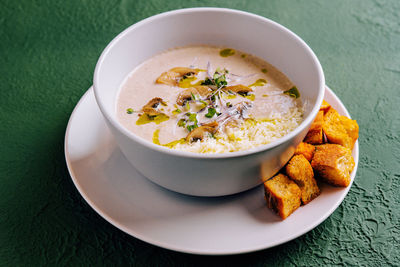 High angle view of soup in bowl on table