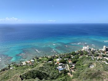 High angle view of sea against blue sky