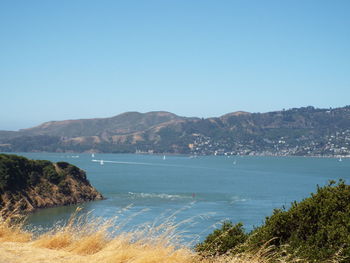 Scenic view of sea against clear blue sky