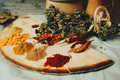 Spices and red chili peppers on table