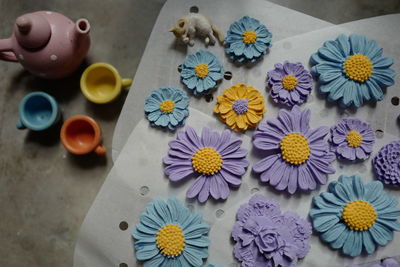 High angle view of various flowers on table