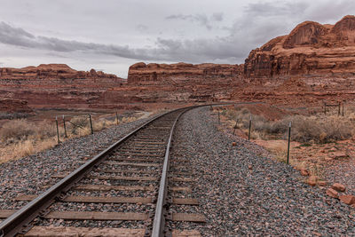 Full frame view of railroad tracks leading through rocky canyon