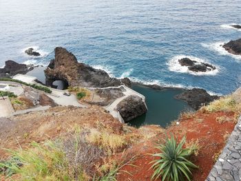 High angle view of rocks on beach