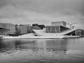 Buildings by river against sky in city