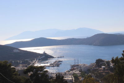 High angle view of bay against clear sky