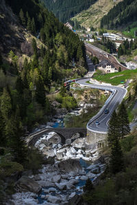 High angle view of road by river