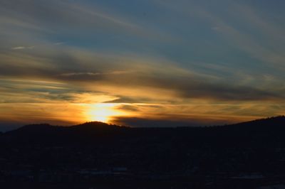 Scenic view of silhouette mountains against sky at sunset