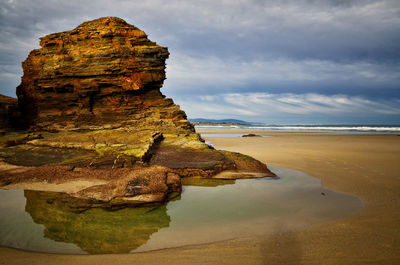 Rock formation on beach against sky