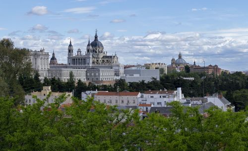 Panoramic view of almudena cathedral and rooftops in madrid, spain