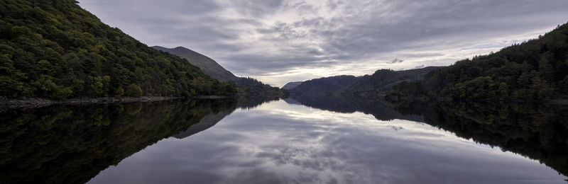 Scenic view of lake and mountains against sky