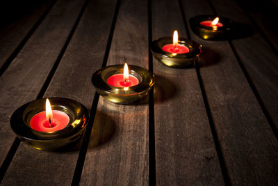 Close-up of illuminated candles on table