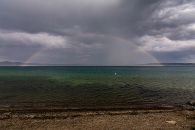 Scenic view of sea against storm clouds