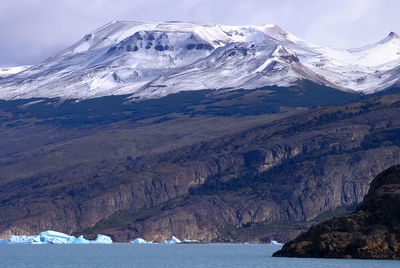 Scenic view of snowcapped mountains and sea against sky