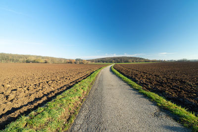 Road passing through agricultural field against blue sky