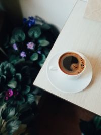 High angle view of coffee on table