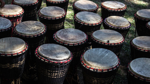 High angle view of drums on field