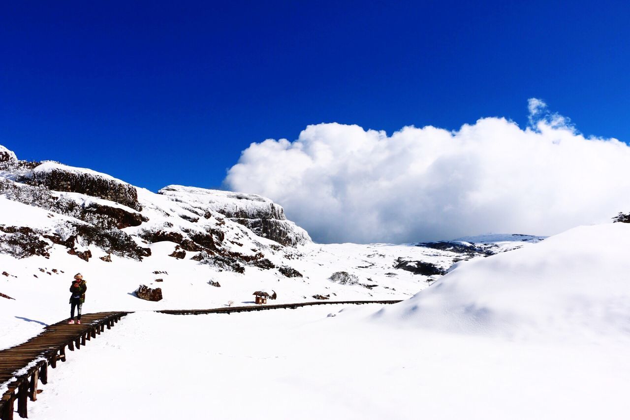 snow, winter, cold temperature, season, weather, covering, mountain, tranquility, sky, tranquil scene, snowcapped mountain, beauty in nature, scenics, blue, nature, landscape, white color, mountain range, low angle view, snow covered